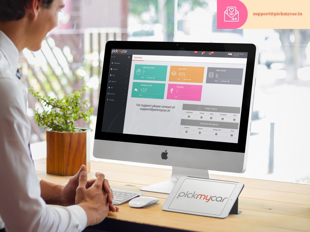 PickMyCar web portal summary dashboard with job counts, executive attendance, and operations metrics
