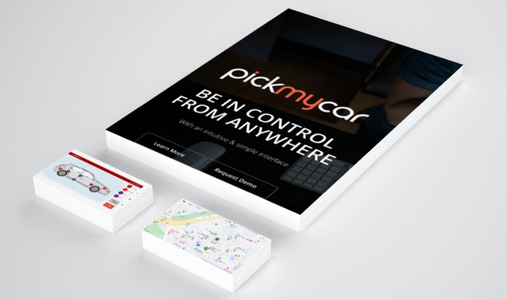 PickMyCar platform overview with control-from-anywhere messaging and mobile app screens